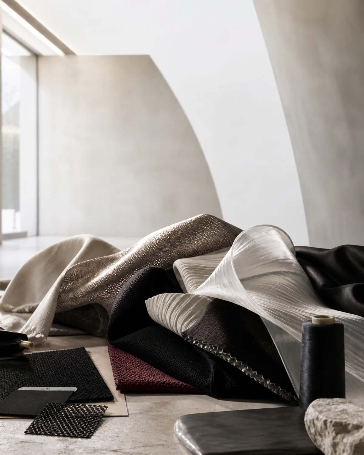 Sculptural layers of premium performance textiles in a quiet architectural setting